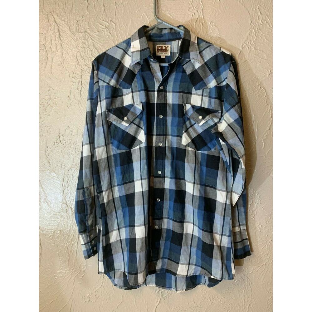 Ely‎ Cattleman Western Pearl Snap Shirt Blue Black Plaid Western Cowboy Medium